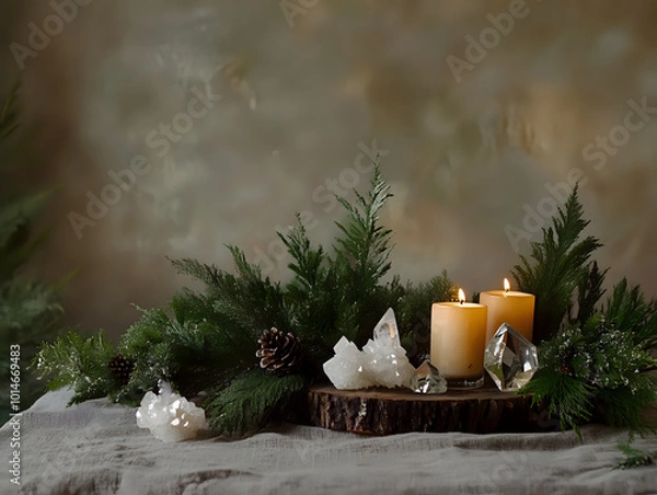 Fototapeta Peaceful winter solstice still life featuring harmonious elements of candles and evergreen branches. Nature concept