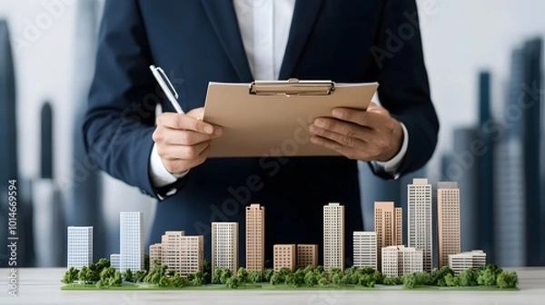 Fototapeta A business professional examines a miniature city model, holding a clipboard, suggesting planning or development in architecture and urban design.