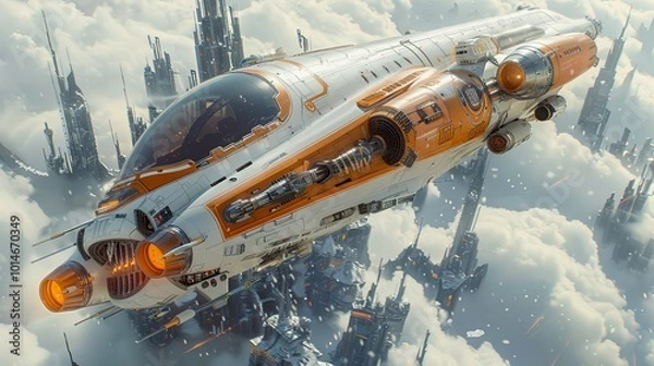 Fototapeta Futuristic Spaceship Soaring Over a City in the Clouds
