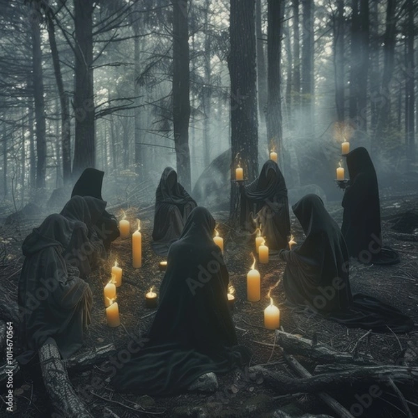 Fototapeta Hooded figures gather in a mysterious forest, their outlines softened by mist and illuminated by flickering candlelight, suggesting an enigmatic ritual.