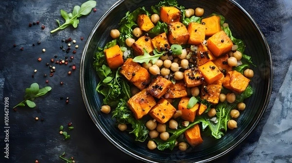 Fototapeta A vibrant salad featuring roasted butternut squash, chickpeas, and fresh greens, drizzled with spices on a dark plate.