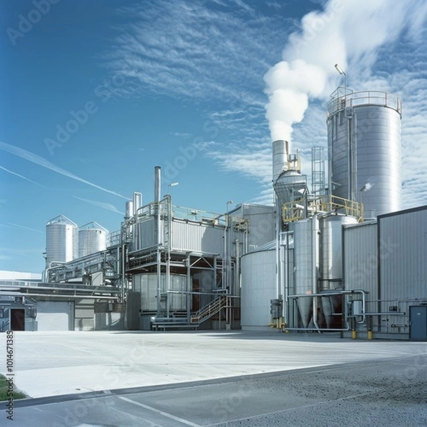 Fototapeta Industrial structures, billowing with steam under a clear sky, symbolize manufacturing and modernization in an expansive industrial setting.