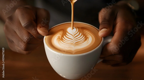 Fototapeta A close-up of a barista’s hands creating intricate latte art, the froth spilling over.




