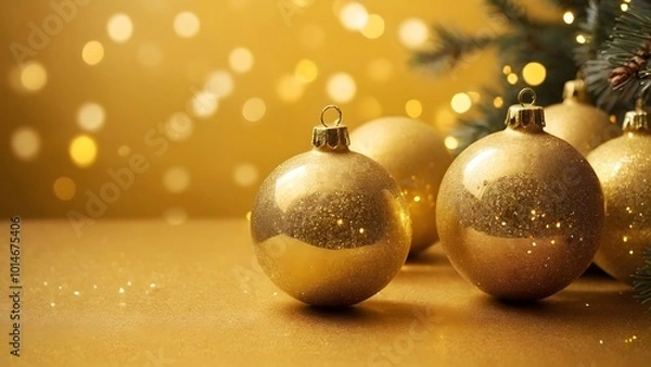 Fototapeta Elegant Gold Christmas Ornaments on a Warm Golden Background With Sparkling Bokeh Lights During the Festive Season