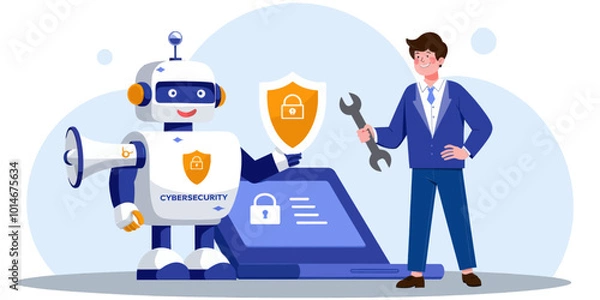 Fototapeta Cybersecurity Robot and Technician 
