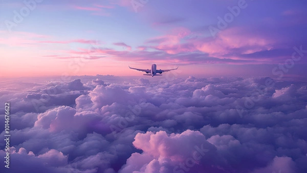Fototapeta Aerial photo of the sky above clouds with a plane flying away. Dreamy pastel color palette with purple, blue and pink primary colors.