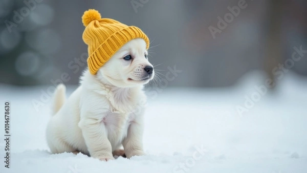 Obraz Cute little white puppy in a yellow hat on a snow background. Clothes for dogs.