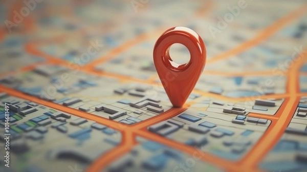 Fototapeta A red location pin on a detailed city map.