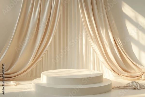 Fototapeta A minimalist stage setup with draped fabric and circular platforms for presentations or events.