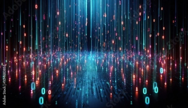 Fototapeta A background depicting cascading binary code in neon colors, falling like rain on a dark surface, creating a digital ambiance.