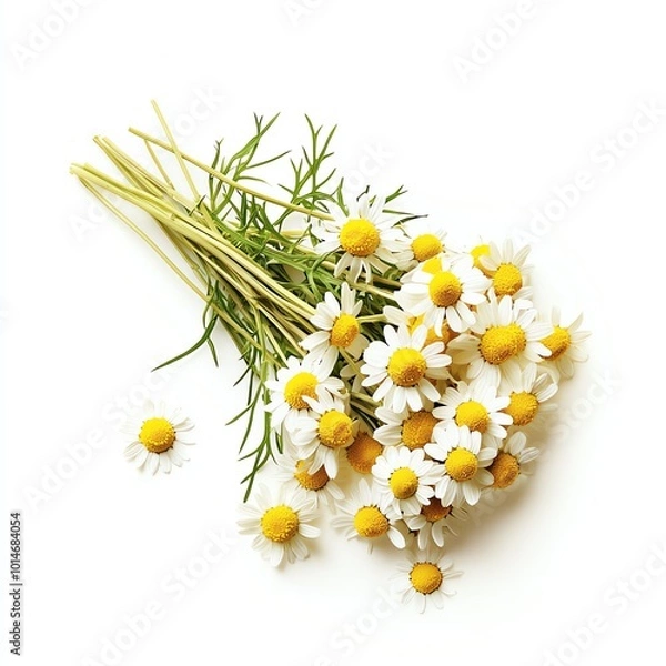 Fototapeta A beautiful bunch of chamomile flowers on a white isolate background.