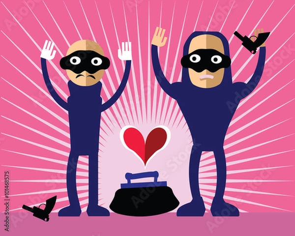 Fototapeta Robbers giving up. Vector illustration of Bad Guys steal heart concept - love, dating, danger, relationship subjects. Romantic thieves in mask on their faces hold hand up. Pink sunburst background.