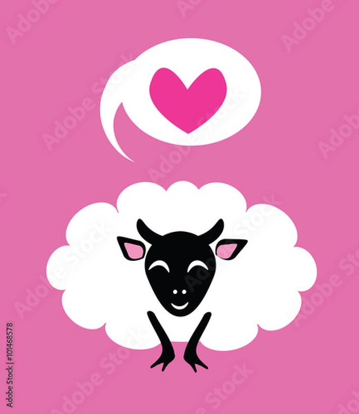 Fototapeta Sheep love you. Valentine day funny greeting card. Cute sheep flat vector illustration  - fat white sheep with smiley face and heart in speech bubble. As romance, friendly Valentines greeting card.