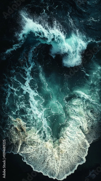 Fototapeta a teal and blue sapphire wave crashes onto a dark, black sandy beach, captured from a bird's eye view. The wave is moving upwards