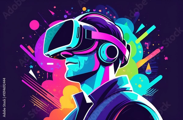 Fototapeta Concept of virtual reality technology. Men wearing VR headset, sparkle background. Human's head silhouette with vr headset. Futuristic Technology.