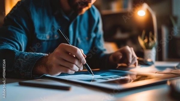 Fototapeta Creative digital artist working on a colorful design project at night using a tablet and computer in a modern workspace