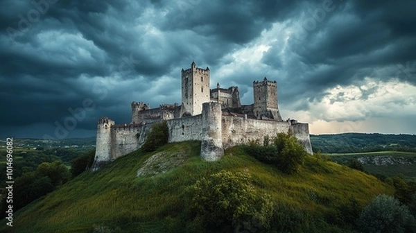 Obraz Ancient stone castle on a hillside under dramatic storm clouds in a remote landscape at dusk