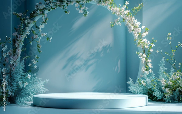 Fototapeta Fresh and natural background of e-commerce product display table