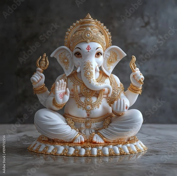 Fototapeta 3d render realistic hindu white and orange color lord ganesha 8k on elegent gold luxury background and high quality image click by Sony A7R V