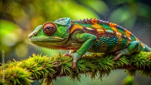 Obraz Amazing chameleon blending in with mossy twig in Madagascar, chameleon, mossy, twig, Madagascar, reptile, camouflage