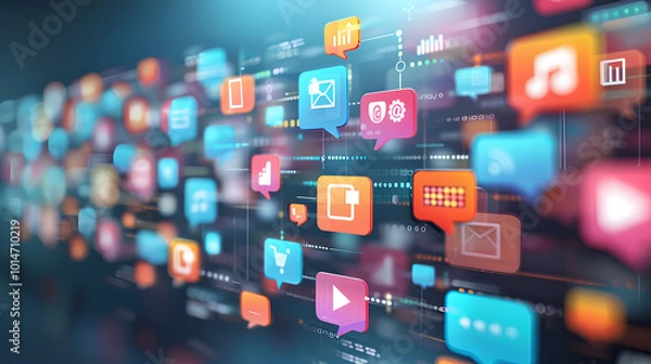 Fototapeta Business communication with floating speech bubbles and digital message icons

