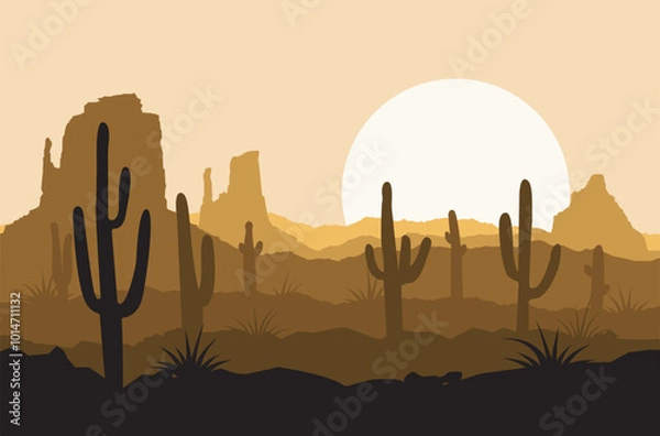 Obraz Desert landscape background with dunes, cacti, sun. Silhouette of desert and cacti. Sunset in the desert. Vector illustration