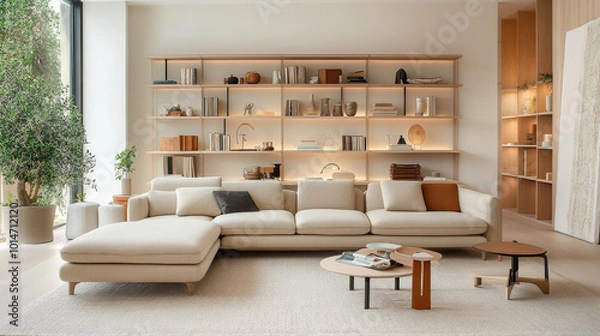 Fototapeta A modern living room featuring spacious beige sofa, stylish coffee tables, and well organized bookshelf filled with decor and books. natural light enhances serene atmosphere