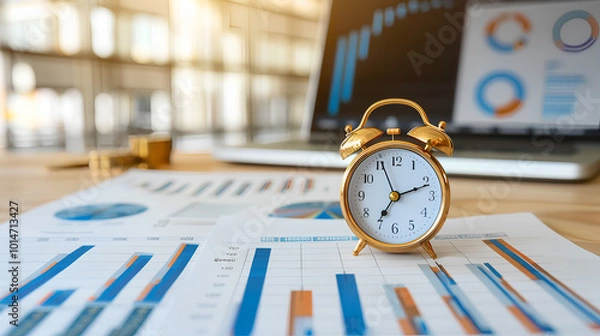 Fototapeta Concept of time management with a clock merging into a business chart 