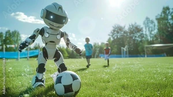 Fototapeta A robot is playing soccer with a ball on a field