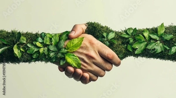 Obraz A close-up of a handshake between two hands covered in green moss and leaves symbolizing unity and commitment to environmental sustainability