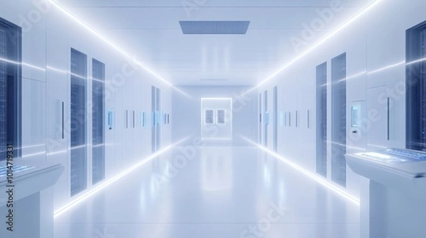Fototapeta Bright white data center server room, sleek and organized with futuristic technology, clean surfaces, and LED lighting.