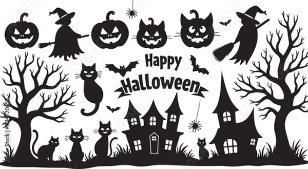 Fototapeta Happy Halloween set of black silhouettes isolated on a white background. Vector illustration