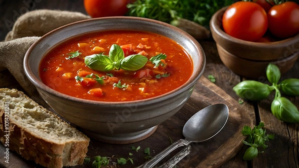 Obraz tomato soup in a bowl on a wooden table