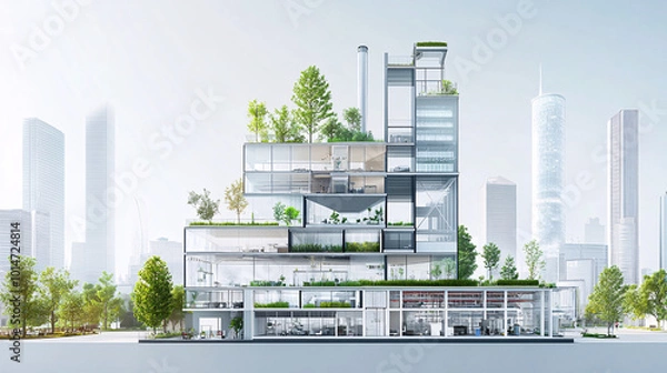 Obraz Modern Glass Office Building With Interior Design and Green Roofs - Cross Section View