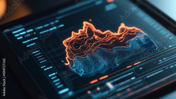 Fototapeta A highly detailed forecast image depicting an impending earthquake, featuring a 3D map of tectonic plates and seismic zones. Intensity markers glow in vibrant colors, providing a clear visual of predi