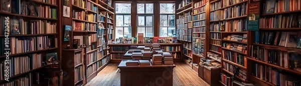 Fototapeta Cozy interior of a vintage bookstore filled with books and wooden shelves, creating a warm and inviting reading atmosphere.