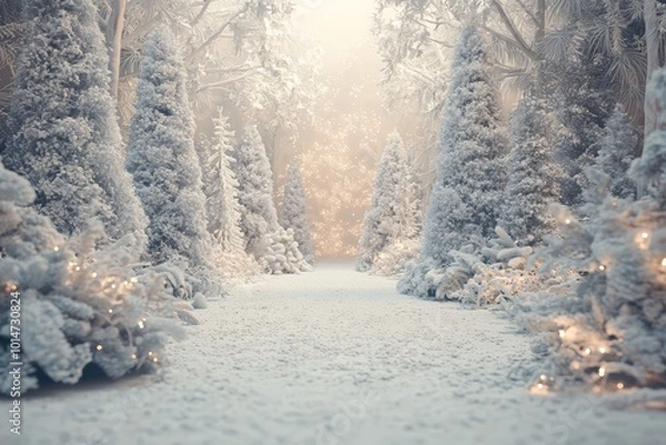 Fototapeta A serene winter pathway lined with snow-covered trees and soft lights creates a peaceful atmosphere.