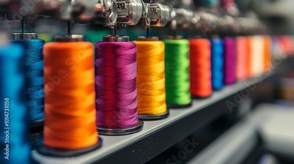 Fototapeta A row of colorful spools of thread on a machine in a textile factory.