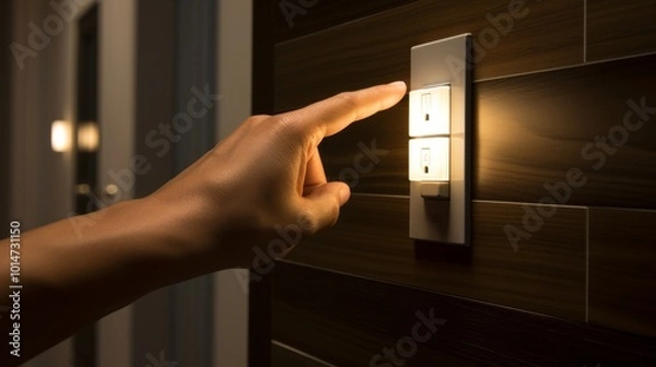 Fototapeta Close up of a man activating a light switch with electric socket, plug, and smartphone nearby