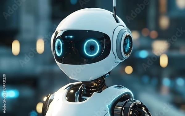 Obraz Futuristic robot with glowing eyes and sleek design in a modern environment, symbolizing innovation and technology.