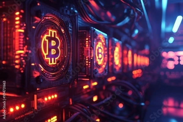 Fototapeta Virtual mining rig generating cryptocurrency symbols in a futuristic digital environment, captured with ultra realism and epic composition for high-end digital photography.