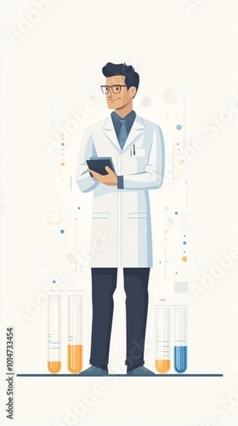 Obraz Stylized image of a scientist with a lab coat and test tubes, flat style on white background.