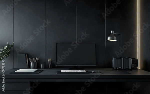 Fototapeta A minimalist black office desk with a computer, keyboard, mouse, lamp, and a plant on the side.