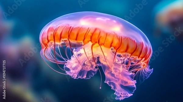 Fototapeta A vibrant, bioluminescent jellyfish with red and pink hues, floating gracefully in the deep blue ocean.