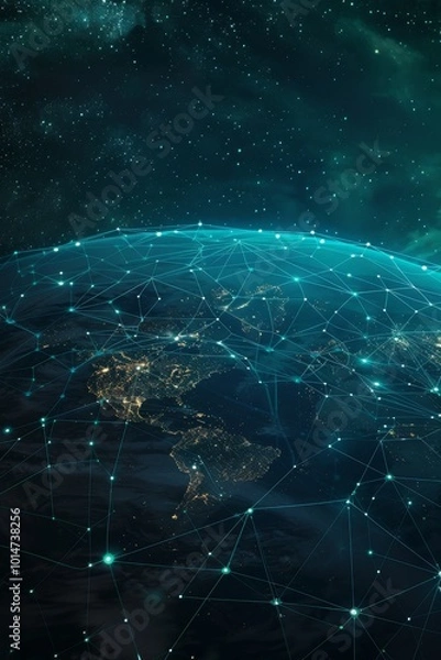 Fototapeta Stunning aerial view of Earth at night showcasing glowing network connections and a starry sky, symbolizing global connectivity.
