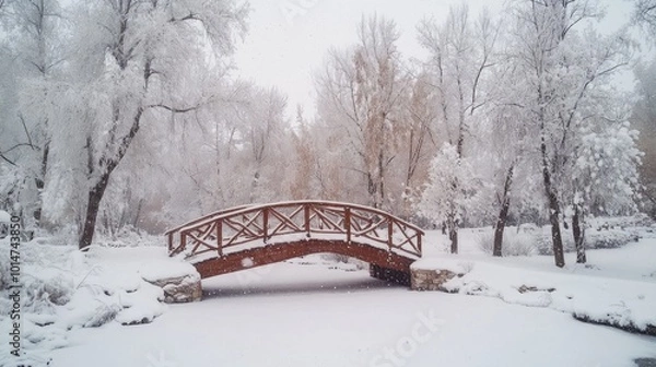 Obraz A wooden bridge over a frozen pond in a snowy forest.