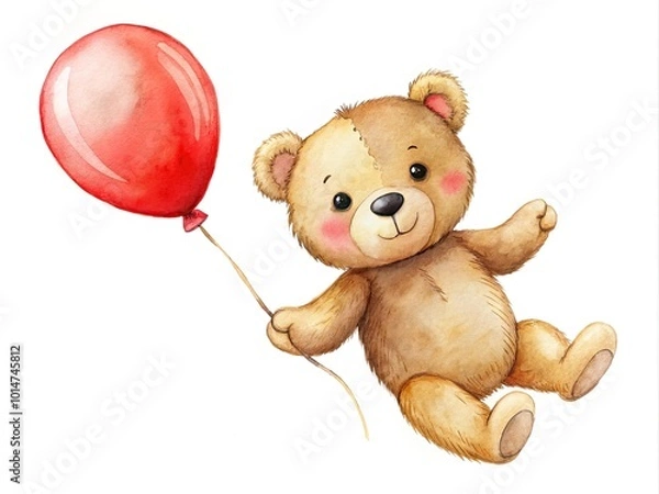 Fototapeta Delightful watercolor illustration of a teddy bear floating with a red balloon, beautifully hand-drawn, ideal for kids' decor and bringing joy to any room.
