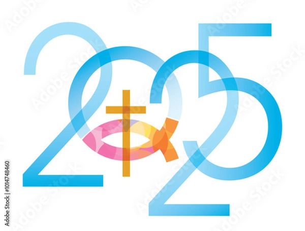 Obraz Jesus fish symbol, new year date. 
2025 new year with Jesus fish symbol with cross. Isolated on white background. Vector available.	