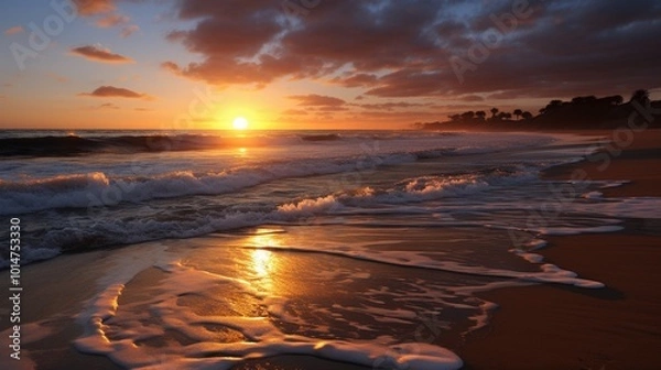 Obraz a tranquil beach at sunset, with golden hues reflecting on the calm ocean waters 