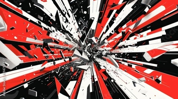 Fototapeta a bauhaus illustration in white, black and red of an explosion of content, the content is made by single letters, words and whole sentences flying in all directions